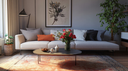 Interior design of cozy living room with stylish sofa, coffee table, dired flowers in vase, mock up poster, carpet, decoration, pillows, plaid and personal accessories in modern home decor. Template.