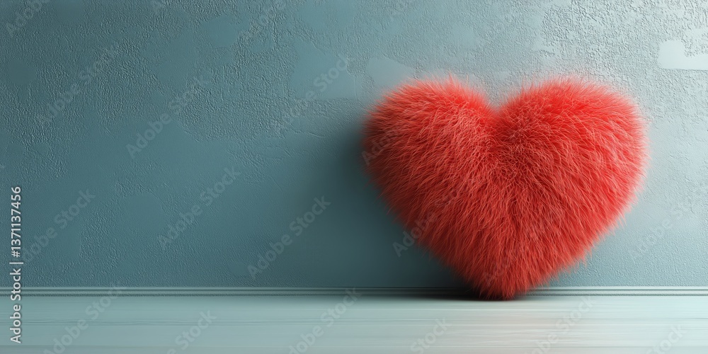 Poster bright red fluffy heart on a soft background creating a warm and inviting atmosphere