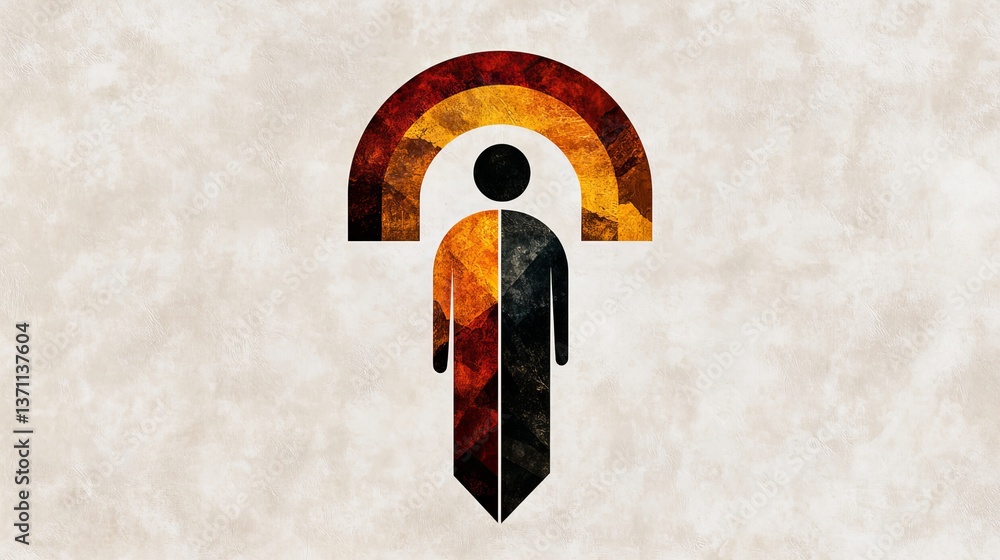 Poster abstract stylized figure stands under a segmented arch with textured coloring on an off white backgr