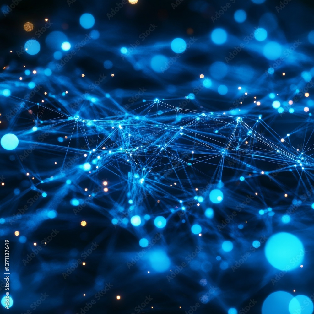 Fototapete abstract blue network: interconnected nodes and lines for data transmission and futuristic communica