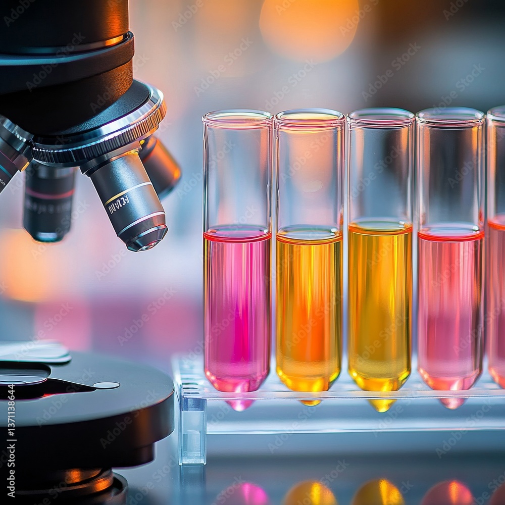 Aufkleber microscope and colorful liquids in test tubes: scientific research and experimentation in the lab.