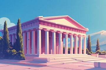 Fototapeta premium Ancient Greek Temple With Pink and White Color Palette in a Sunny Day, Experiment with different color palettes to bring a contemporary twist to classic Greek architectural forms