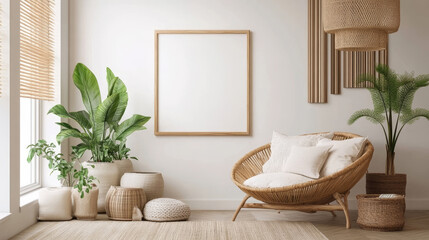 Interior design of living room at modern home with stylish rattan armchair, pillow, plaid, plants, wooden cube, tropical plant, mock up poster frame and elegant accessories. Design home decor.