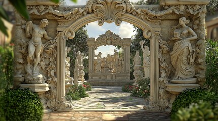 Obraz premium Ornate stone statues frame lush garden vista.