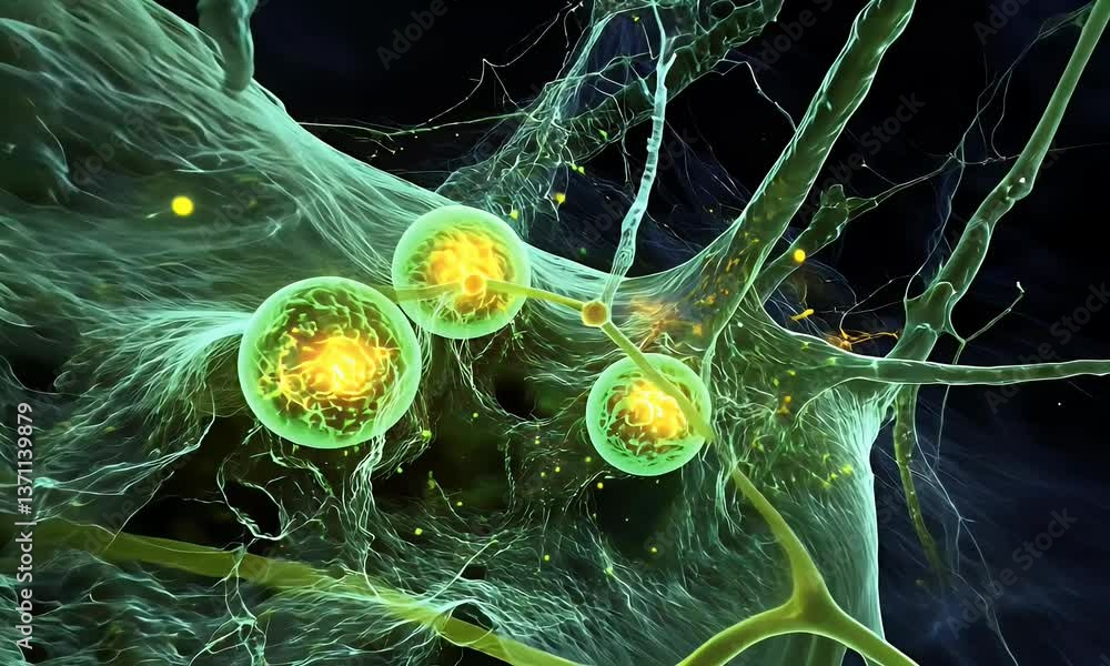 Aufkleber animated microscopic scene with glowing green cells and neural network structures