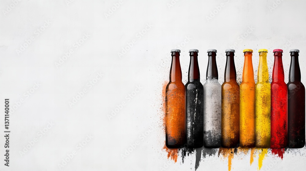 Poster aligned colorful beer bottles display abstract designs with various shades against a simple white ba