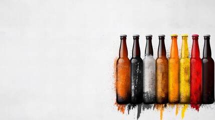 Aligned colorful beer bottles display abstract designs with various shades against a simple white background.