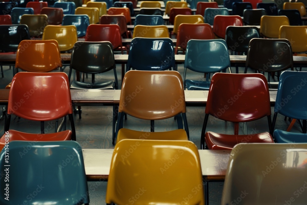 Poster a photo of a classroom setting featuring rows of colorful desks and chairs, rows of desks and chairs