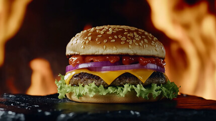 Spicy Juicy Hamburger with Fiery Devil Flame Backdrop