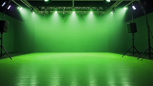 Studio space designed for green screen filming with bright lighting setup for creative projects