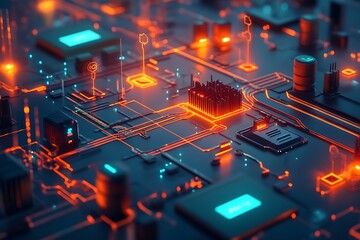 An abstract energy grid with interconnected smart meters, renewable energy sources, and digital control centers