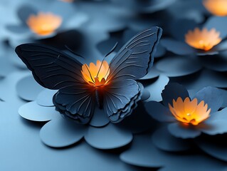 Glowing Butterfly on Paper Flowers.