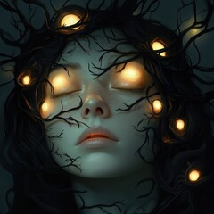 Fototapeta premium Illuminated Dreams A Mystical Portrait with Glowing Lights and Twisting Branches