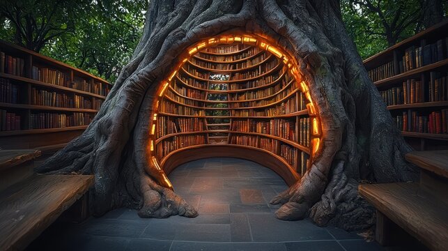 A mystical library hidden inside a massive tree, its shelves lined with ancient books that glow softly, inviting seekers of knowledge to uncover their secrets. 