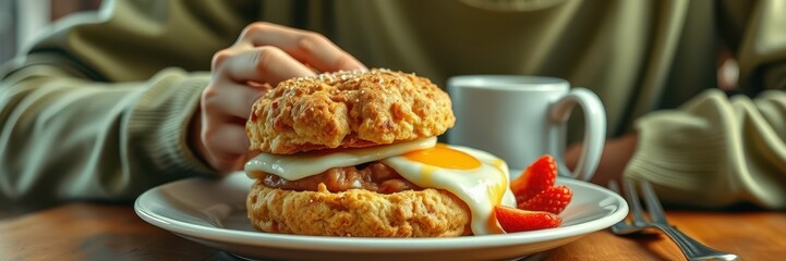 Enjoying a delicious breakfast sandwich with egg, bacon, and strawberries in a cozy cafe setting