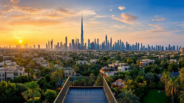 Stunning skyline of Dubai at sunset with Burj Khalifa and lush greenery in the foreground