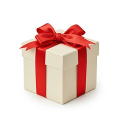 Elegant cream-colored gift box with bright red ribbon and satin bow festive holiday present