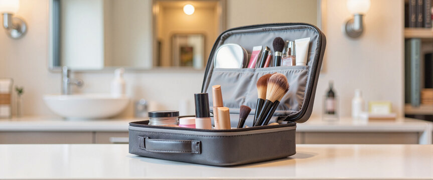 Organized makeup bag on bathroom counter, stylish beauty preparation