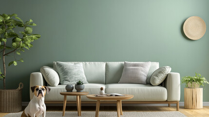 Elegant composition of living room interior. Modern scandi sofa, dog, side table and creative personal accessories. Sage green wall. Template. Copy space. 