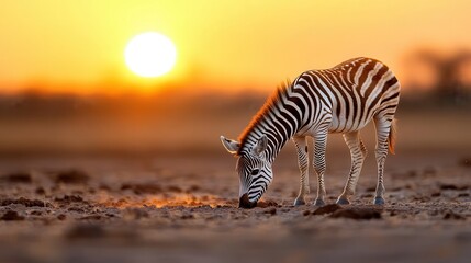 A zebra grazing in an expansive landscape at sunset, illustrating the harmony between wild animals and the breathtaking beauty of nature at dusk.