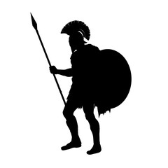 Silhouette of an ancient Greek warrior with spear and shield, Spartan, hoplite - vector illustration
