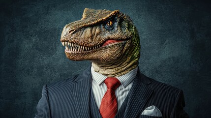 Tyrannosaurus rex in charcoal pinstriped suit against gray office