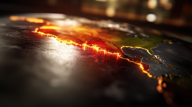 Volcanic activity visualization pacific coast geographic illustration dramatic lighting aerial perspective earth science concept