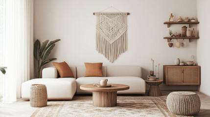 Interior design of oriental living room with beige macrame, coffee table, design furniture, shelf, carpet and elegant personal accessories in modern home decor.