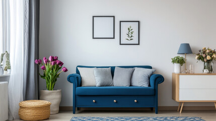 Modern scandinavian interior design of living room with mock up photo frames, navy blue commode, design sofa, flowers in vase and elegant accessories. Stylish home decor.   Template. Ready to use. 