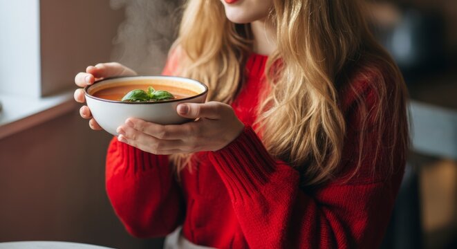 Young caucasian female enjoying warm soup in cozy indoor setting
