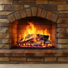 Cozy Brick Fireplace Burning Wood Logs Winter Fire