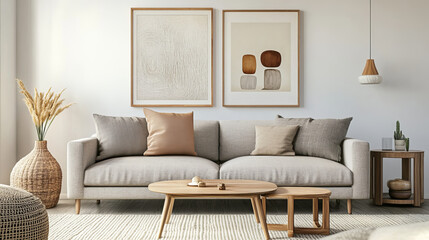 Stylish living room composiiton with mock up poster frame, grey sofa, wooden furnitutre and personal accessories. Pastel neutral colours. Template.
