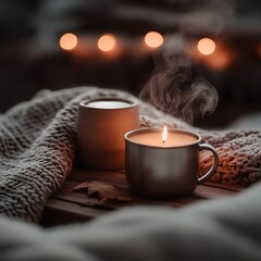 Cozy Autumn Scene with Burning Candles and Knitted Blanket