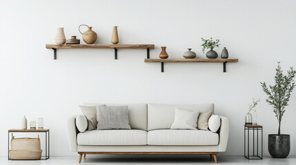 Stylish composition of elegant living room interior design with mock up poster frame, metal and wooden shelf, sofa, vintage vases and personal accessories. White wall. Copy space. Template.