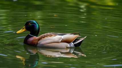 Obraz premium Colorful mallard duck swimming gracefully across a serene pond in natural surroundings during a sunny afternoon