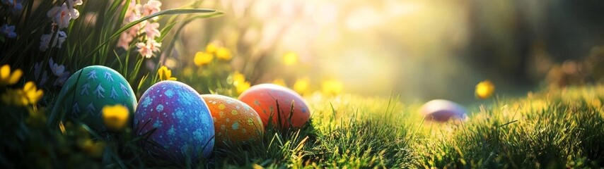 Colorful Easter Eggs in a Serene Garden Setting with Bright Flowers