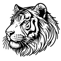 Calm Tiger Head Line Drawing In Black and White
