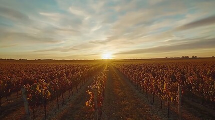 Naklejka premium Golden sunset over a vineyard. Autumnal colors paint the rows of grape vines stretching towards a radiant setting sun