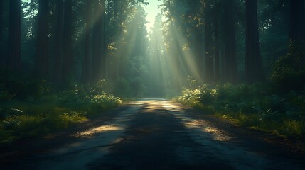 Obraz premium A sunlit forest road bathed in golden light and atmosphere
