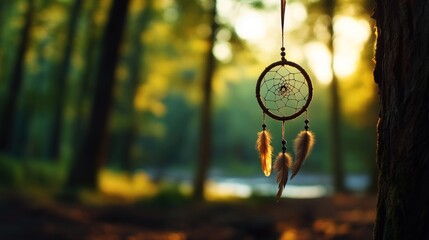 Naklejka premium Dream catcher hanging in a forest