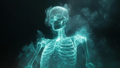 Cartoon style 3d illustration of a glowing translucent skeleton in smoke on black background