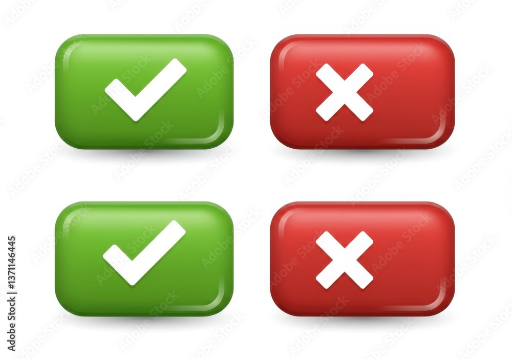 Poster green check mark and red cross icons with glossy finish and contrasting colors for decision-making o