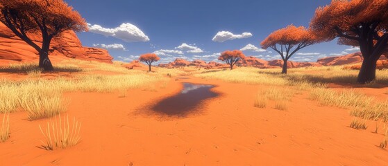 Serene desert landscape with orange foliage, sandy terrain, water puddle, under blue sky