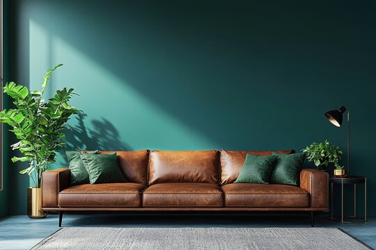 Minimalist living room showcasing cognac leather sofa against deep teal wall