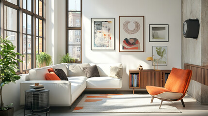 Unique living room in modern style interior with design decoration, mock up poster frames on the old window, book and elegant pesronal accessories in home decor. Template. 