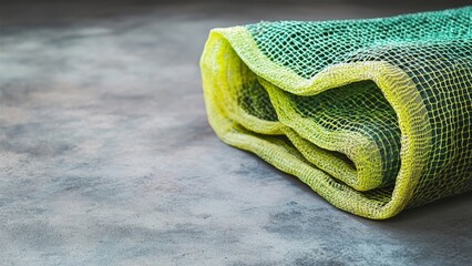 Rolled Green and Yellow Netting Material on a Concrete Surface
