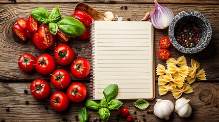 Culinary composition with fresh ingredients and blank notebook inviting recipe creation on rustic wooden surface