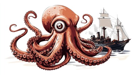 Fototapeta premium Octopus with Tentacles and Single Eye with Ship Illustration
