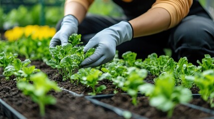 Fototapeta premium Gardening: Hands Planting Seedlings in a Greenhouse