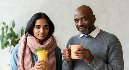 Diverse couple enjoying warm drinks together, female and male smiling indoors